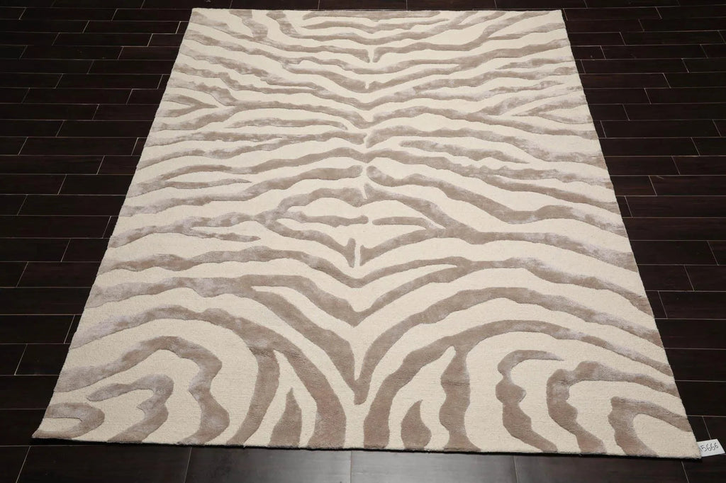 Multi Sizes Handmade Wool & Faux Silk Animal Print Zebra Area Rug Ivory Taupe