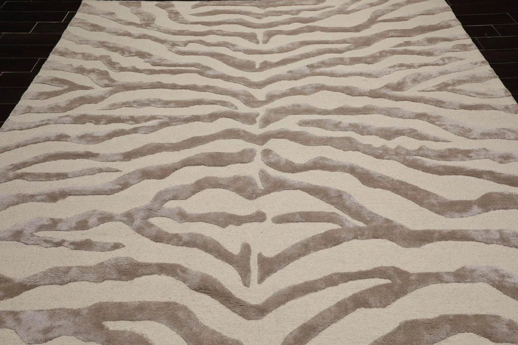 Multi Sizes Handmade Wool & Faux Silk Animal Print Zebra Area Rug Ivory Taupe