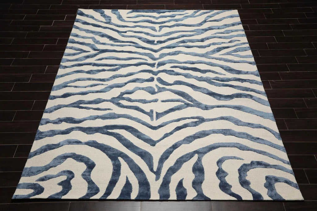 Multi Sizes Handmade Wool & Faux Silk Animal Print Zebra Area Rug Ivory Blue