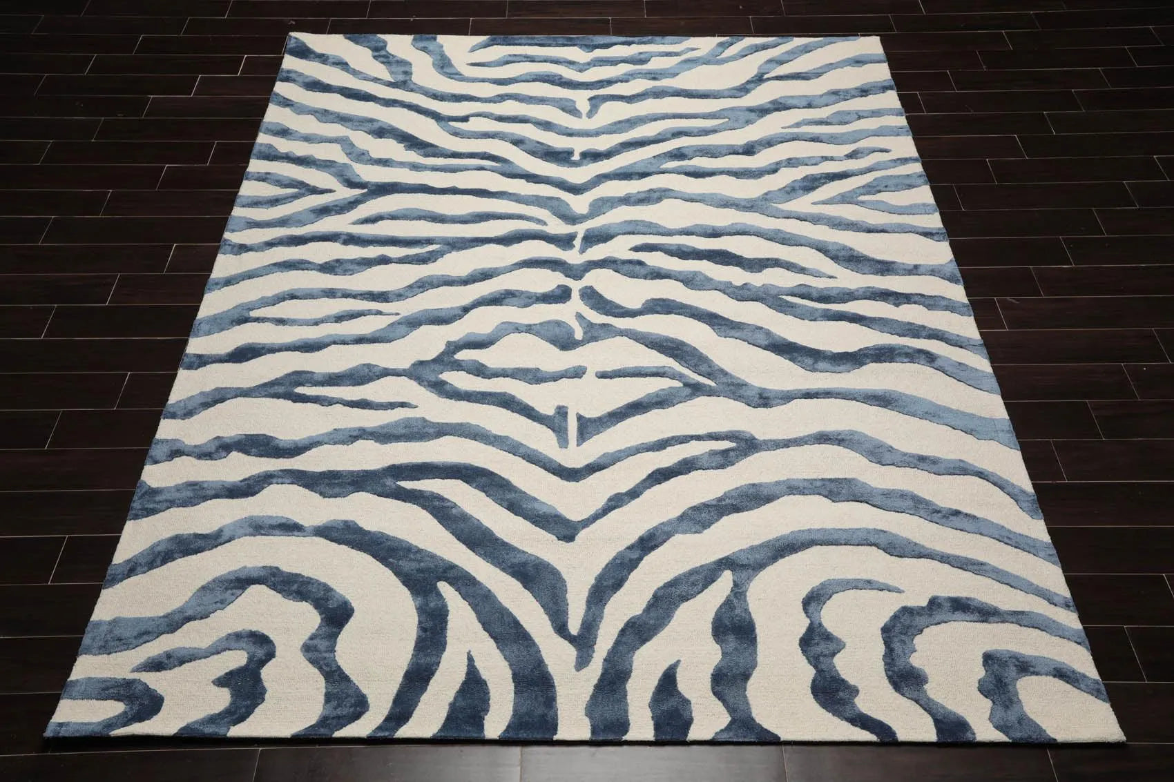 Multi Sizes Handmade Wool & Faux Silk Animal Print Zebra Area Rug Ivory Blue