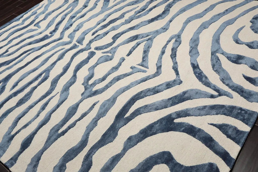 Multi Sizes Handmade Wool & Faux Silk Animal Print Zebra Area Rug Ivory Blue