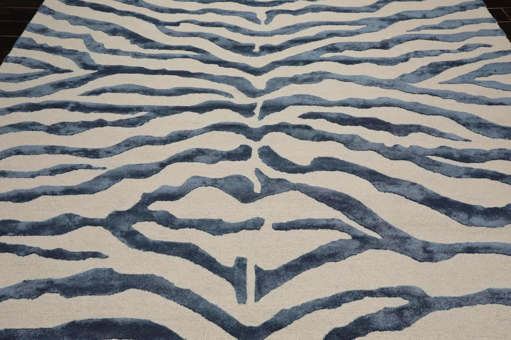 Multi Sizes Handmade Wool & Faux Silk Animal Print Zebra Area Rug Ivory Blue