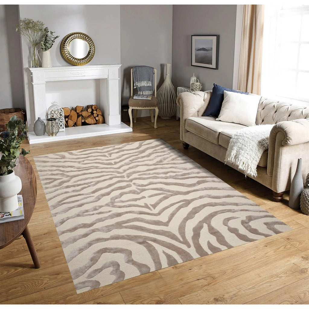 Multi Sizes Handmade Wool & Faux Silk Animal Print Zebra Area Rug Ivory Taupe