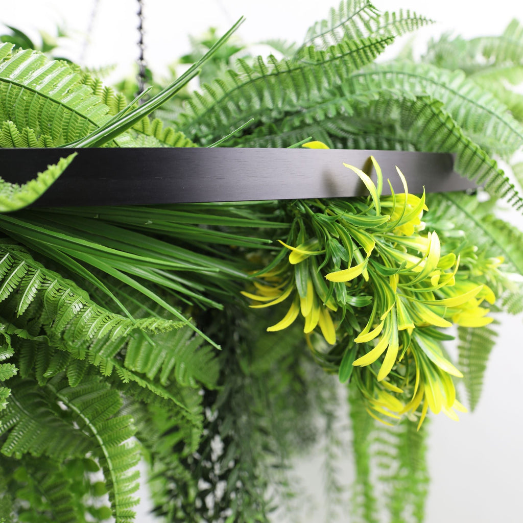 Black Framed Roof Hanging Disc With Draping Life-Like Ferns and Plants UV Resistant Large