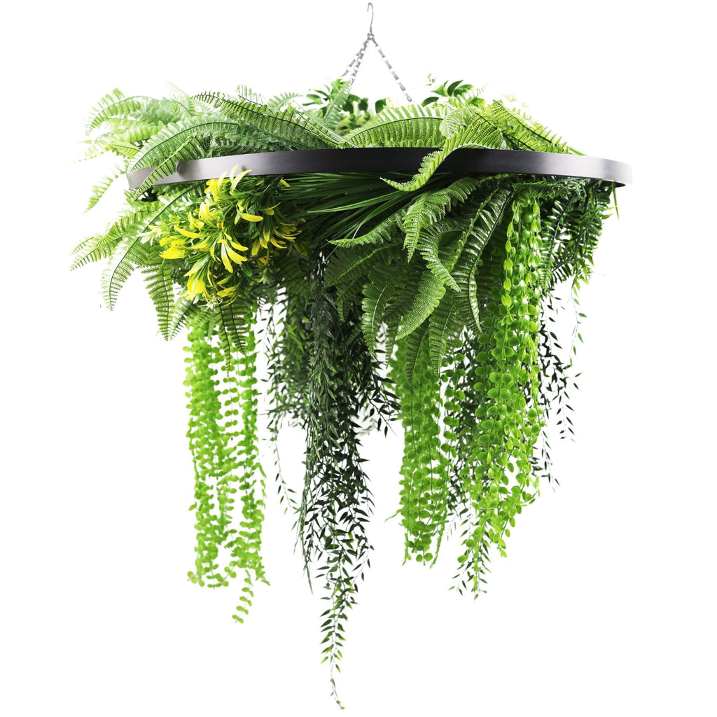 Black Framed Roof Hanging Disc With Draping Life-Like Ferns and Plants UV Resistant Large