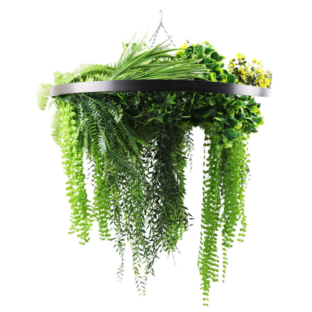 Black Framed Roof Hanging Disc With Draping Life-Like Ferns and Plants UV Resistant Large