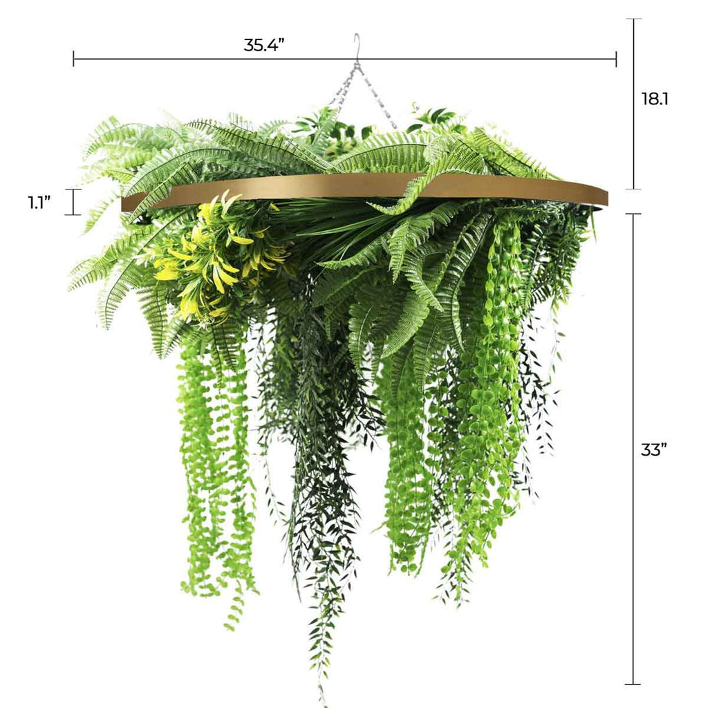 Gold Framed Roof Hanging Disc With Draping Life-Like Ferns and Plants  UV Resistant Large