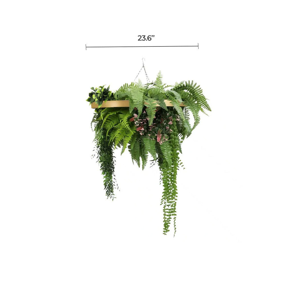 Gold Framed Roof Hanging Disc With Draping Life-Like Plants 23.6"