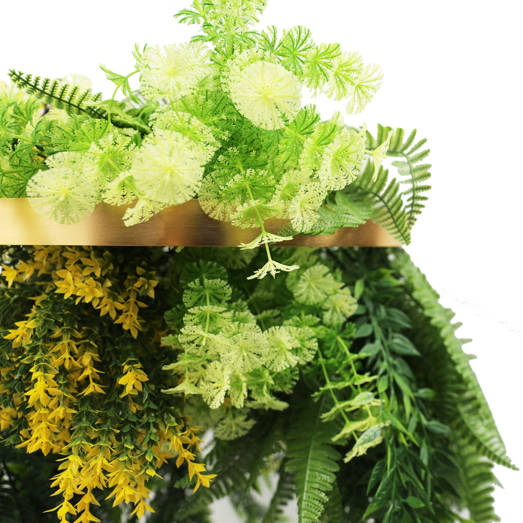 Gold Framed Roof Hanging Disc With Draping Life-Like Ferns and Plants  UV Resistant Large