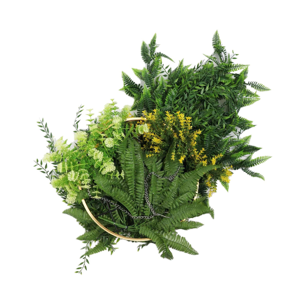 Gold Framed Roof Hanging Disc With Draping Life-Like Ferns and Plants  UV Resistant Large