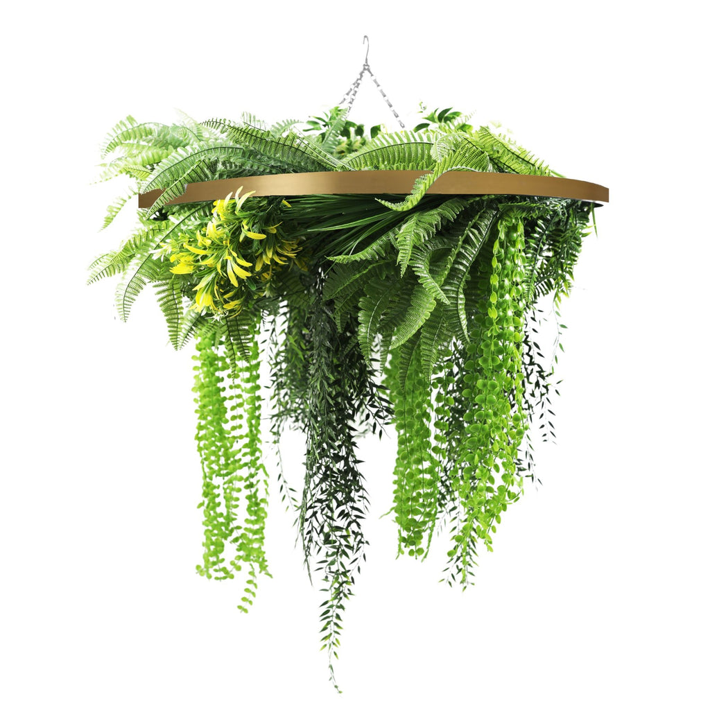 Gold Framed Roof Hanging Disc With Draping Life-Like Ferns and Plants  UV Resistant Large