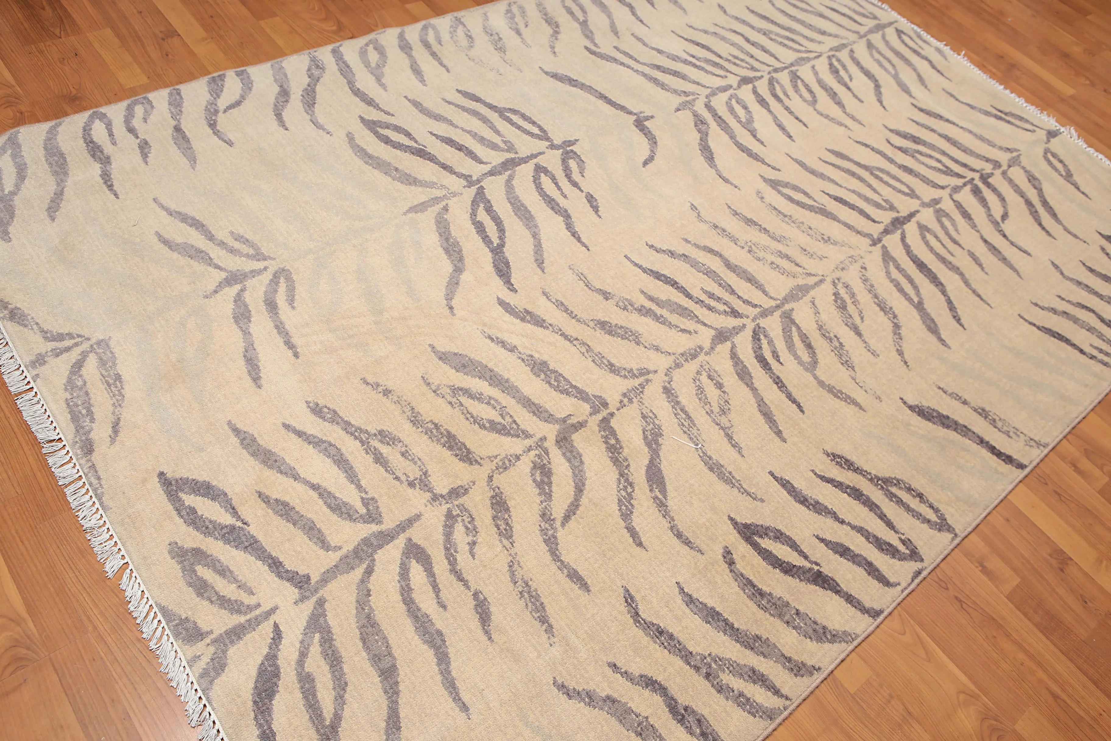 6' x 9' Botanical Print Contemporary Hand Knotted Wool Area rug Beige