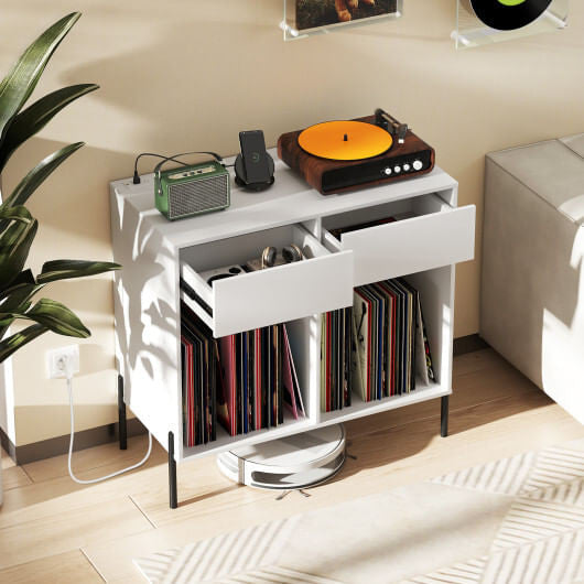 Record Player Stand with Power Outlets Double Wide Turntable Stand Vinyl Record Storage Table-White