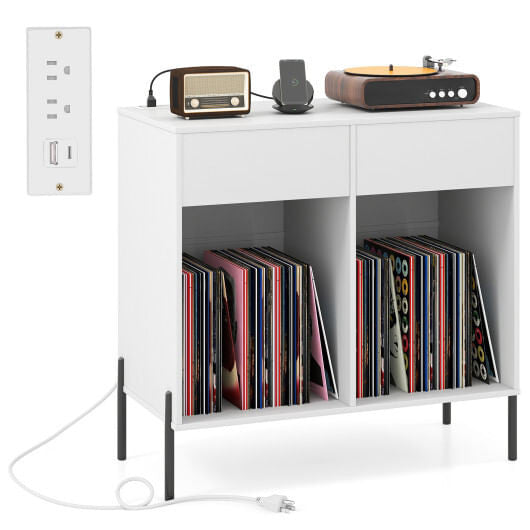 Record Player Stand with Power Outlets Double Wide Turntable Stand Vinyl Record Storage Table-White