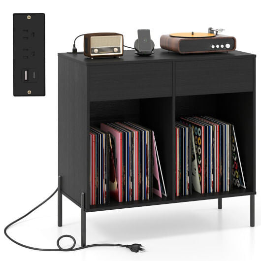 Record Player Stand with Power Outlets Double Wide Turntable Stand Vinyl Record Storage Table-White
