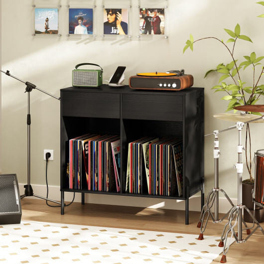 Record Player Stand with Power Outlets Double Wide Turntable Stand Vinyl Record Storage Table-White