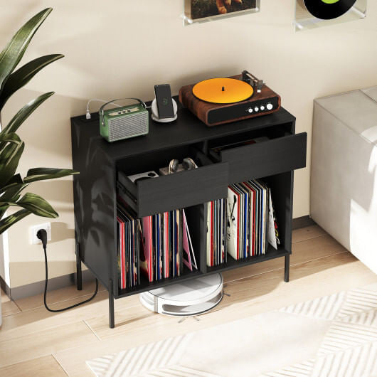 Record Player Stand with Power Outlets Double Wide Turntable Stand Vinyl Record Storage Table-White
