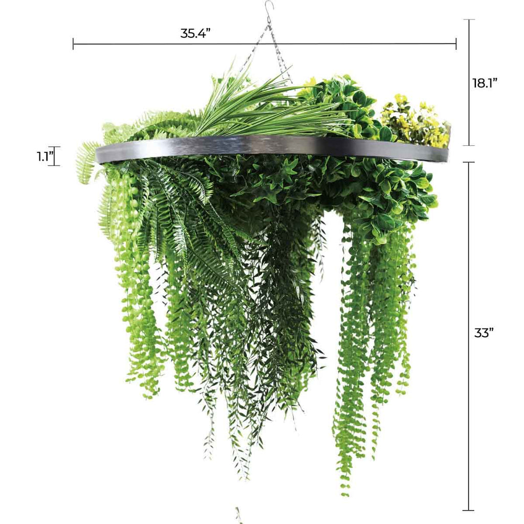 Silver Framed Roof Hanging Disc With Draping Life-Like Ferns and Plants UV Resistant Large