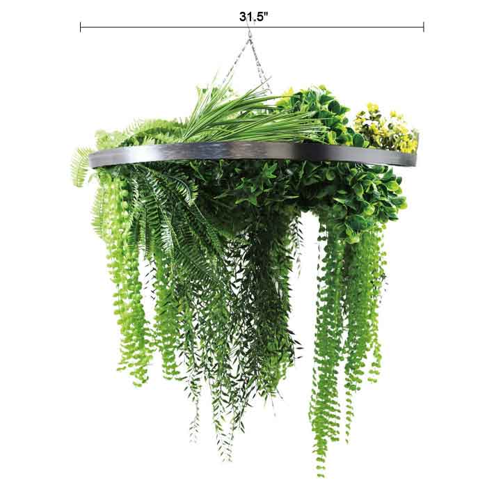 Silver Framed Roof Hanging Disc With Draping Life-Like Ferns and Plants UV Resistant Large