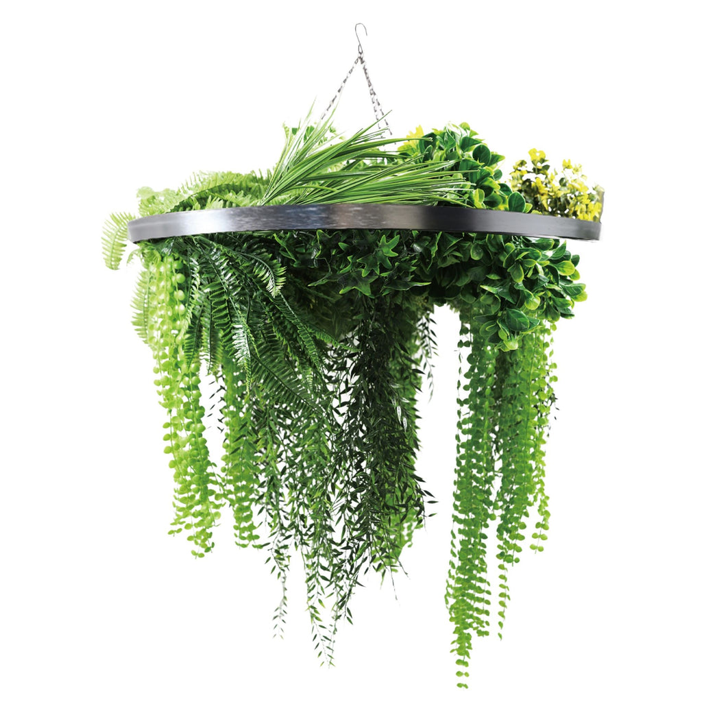 Silver Framed Roof Hanging Disc With Draping Life-Like Ferns and Plants UV Resistant Large