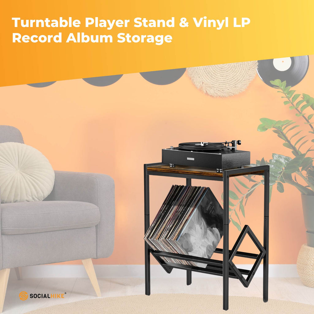 Social Hike Turntable Player Stand & Vinyl LP Record Album Storage - Black Metal