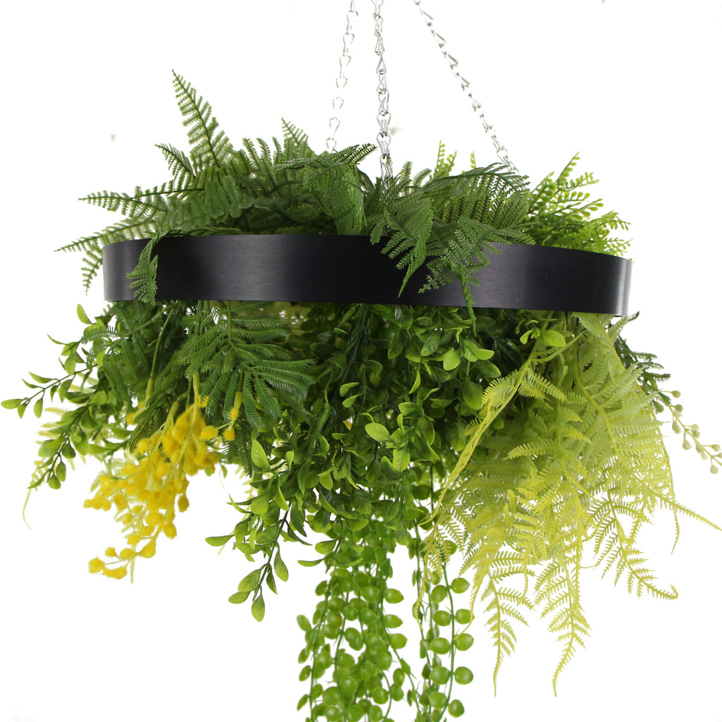 Black Framed Roof Hanging Disc With Draping Life-Like Plants 40cm