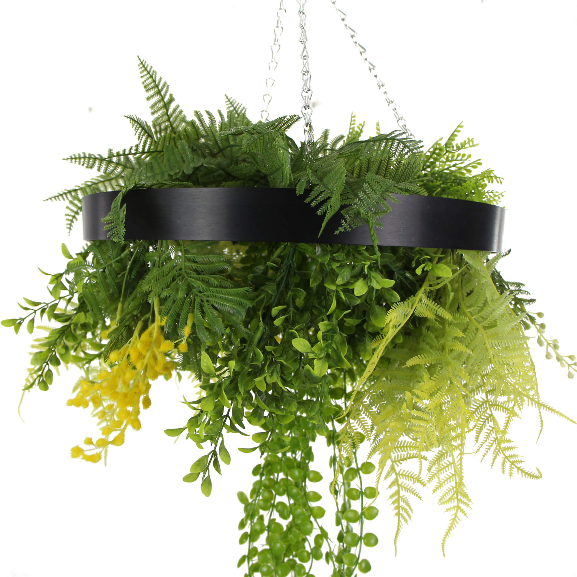 Black Framed Roof Hanging Disc With Draping Life-Like Plants 40cm