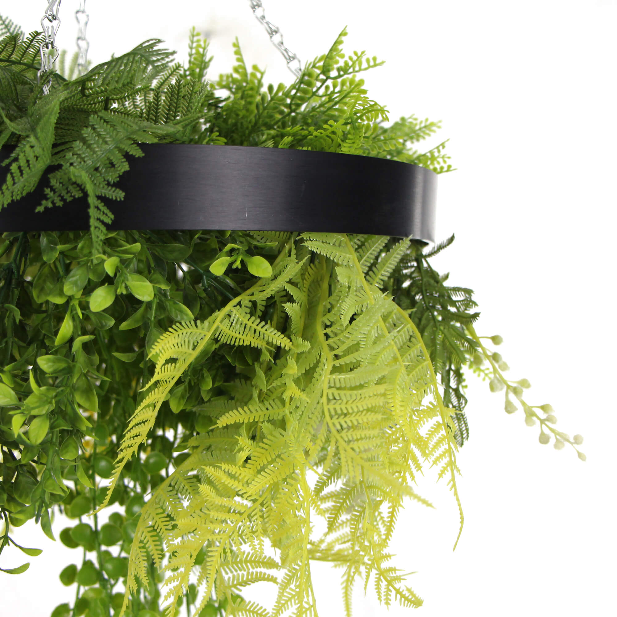 Black Framed Roof Hanging Disc With Draping Life-Like Plants 40cm