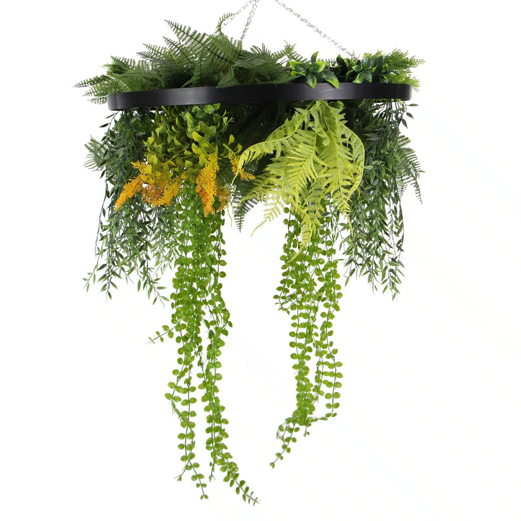 Black Framed Roof Hanging Disc With Draping Life-Like Plants 60cm