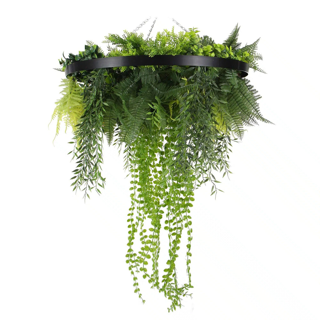 Black Framed Roof Hanging Disc With Draping Life-Like Plants 60cm
