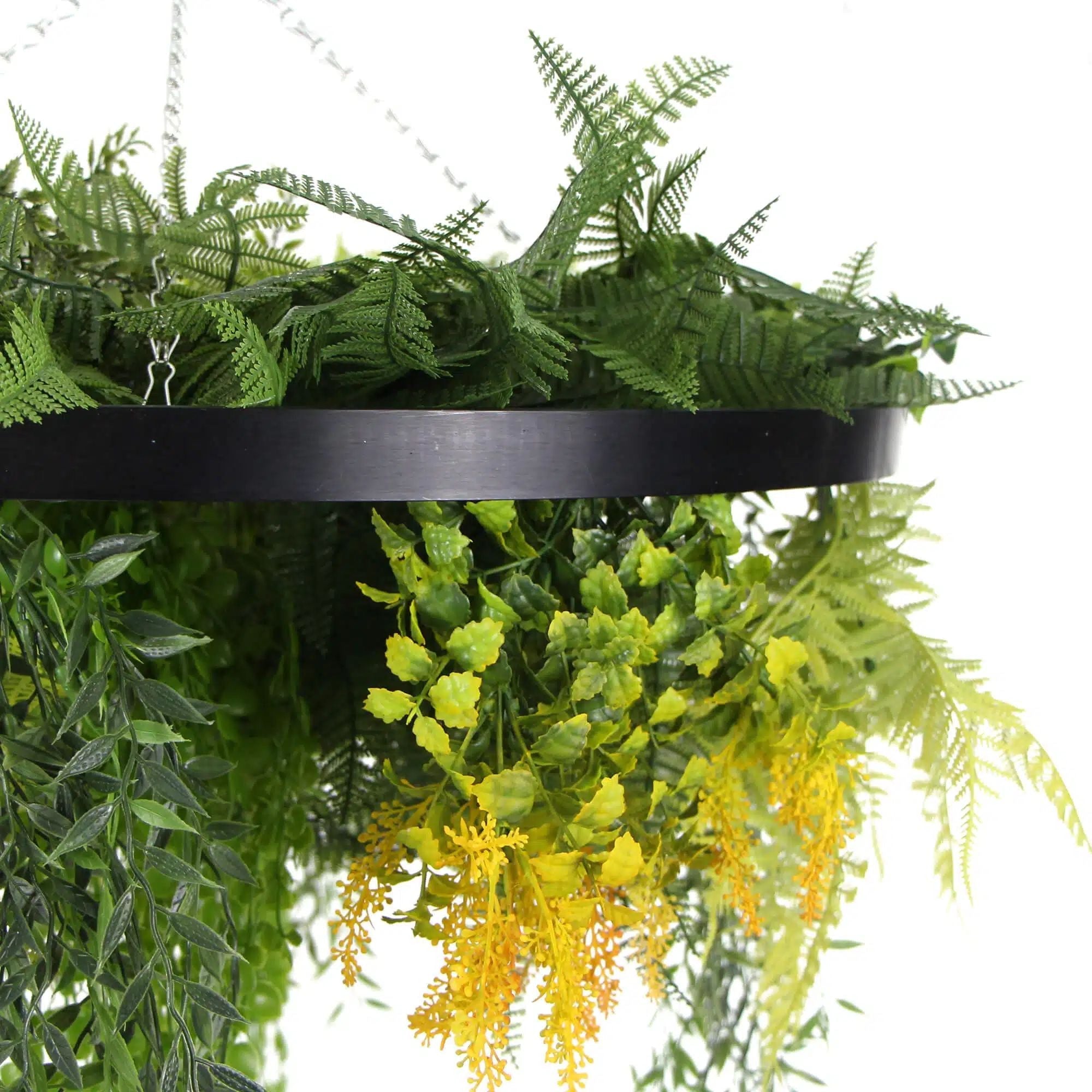 Black Framed Roof Hanging Disc With Draping Life-Like Plants 60cm