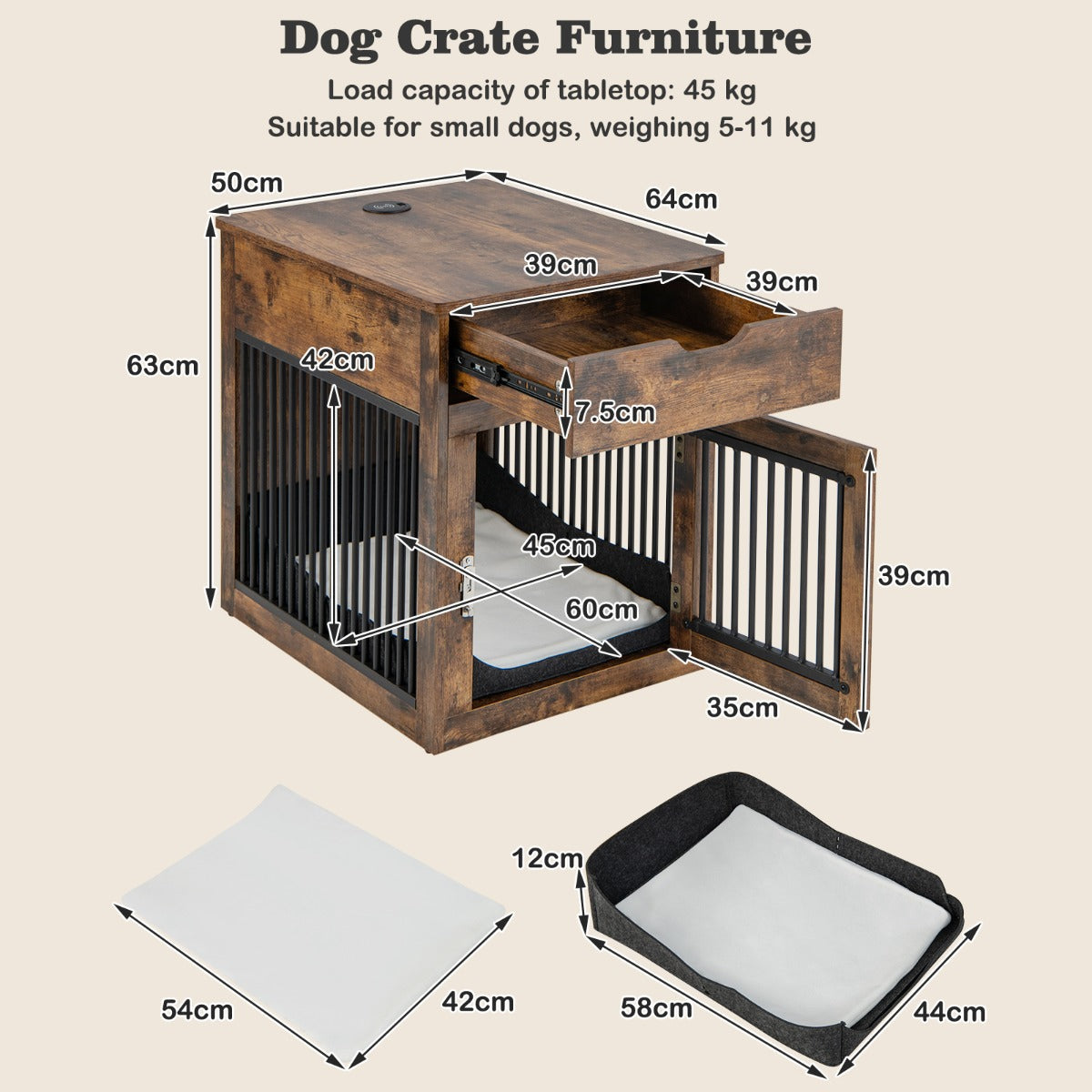 NNECW Furniture Style Dog Crate with Wired & Wireless Charging